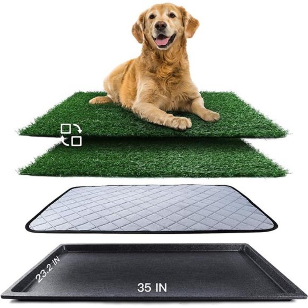 Large Dog Grass Pad with Tray (35inX23.2in), Artificial Grass Mats Washable Pad